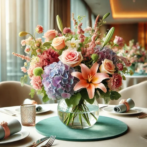 DALL·E 2024-12-11 15.55.20 - A beautifully arranged table flower centerpiece featuring a mix of vibrant flowers such as roses, lilies, and hydrangeas in pastel colors, displayed i